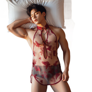 Men's sexy lingerie, red butterfly embroidered sheer cheongsam bodysuit, abstinence-style flirtatious sleepwear, open crotch, - Product Image 5