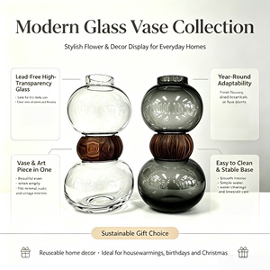 Jarrón Redondo Grande <span class=keywords><strong>de</strong></span> Vidrio con Detalles <span class=keywords><strong>de</strong></span> Madera Estilo Nórdico, Ideal para Arreglos Florales <span class=keywords><strong>de</strong></span> Mesa - Product Image 6