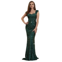Robe de soirée de luxe à sequins vert foncé, sexy et brillante, coupe sirène, épaules dénudées, élégante pour femme