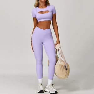 Leggings et hauts de yoga légers taille haute pour femmes ensemble de compression coupe en V à manches courtes <span class=keywords><strong>motif</strong></span> solide respirant - Product Image 6