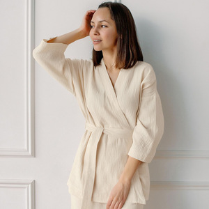 Solid <strong>Cotton</strong> Crepe Loose Cardigan Lace-up Women's Long Sleeve Pyjamas Custom Sleepwear Lounge <strong>Wear</strong> Sets for Women's Pajamas - Product Image 2