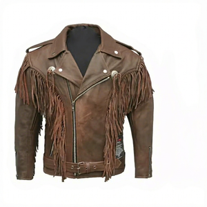 Chaqueta de Cuero Genuino de Cordero Marrón para Hombre, Estilo Occidental del Medio Oeste, Chaqueta con Flecos para Motociclista, Aspecto Vintage Hecho a Mano - Product Image 1