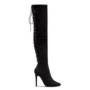 Bottes hautes pour femme, grande taille 45, moulantes, sexy, à lacets au dos, à bout pointu, avec demi-fermeture éclair latérale, à talon fin et long - Product Image 6