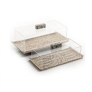 Plateau de travail en bois et vadrouille avec couvercle en acrylique Ustensiles de cuisine de forme rectangulaire Plateau de service au chocolat et couvercle - Product Image 1