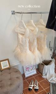 FLOWER LACE DRESS MESH LAYER Vintage Party Sweet <b>Tight</b> Waist Mini Length 100% Polyester Ruffle Sleeve Embroidered Organza - Product Image 5