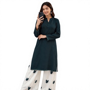Green Cotton <b>Kurta</b> Set With Butterfly Printed Palazzo Pants <b>Women</b> Loose Fit Casual Ethnic Wear India Pakistan Ankle-Length - Product Image 1