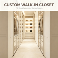 Dressing sur mesure haut de gamme avec aménagement modulaire, armoire intégrée sur mesure avec portes en verre pour dressing étroit et long