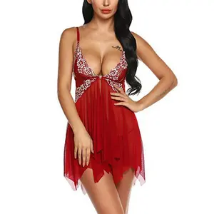 Commercio all'ingrosso Deep V Lace Sheer Chemise Nightwear Lingerie Sexy Nighty Babydoll Lingerie Night Dress per le donne