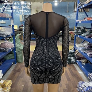 Envío Rápido CY902199 Vestido Mini Negro <span class=keywords><strong>de</strong></span> Manga Larga con Malla y Pedrería, Vestido <span class=keywords><strong>de</strong></span> Fiesta para Mujer - Product Image 4