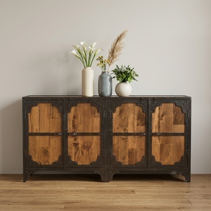 Buffet de rangement industriel en bois avec armoire à buffet métallique intégrée, 4 portes, artisanat indien, meubles pour hôtel et salon - Product Image 5