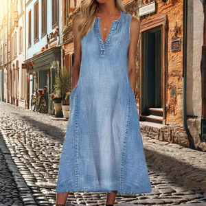 Sleeveless V-neck Loose A-Line Midi Denim <b>Dress</b> Natural Waist Breathable Eco-Friendly Casual <b>Summer</b> Women's Solid Color <b>Vintage</b> - Product Image 2