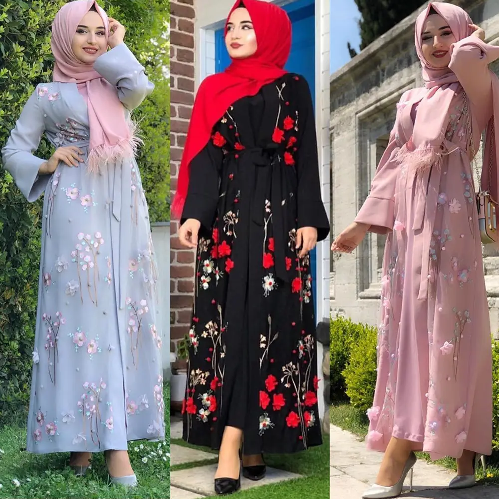 Mütevazı 3D çiçekler İslam nakış dantel elbise çiçek kimono hırka kaftan abaya dubai