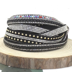 DIY Korean Velvet Chain Material Black with Gold and Silver Rhinestone <strong>Strip</strong> studded Flat <strong>Leather</strong> Cord - Product Image 2