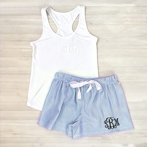 Set Coordinato Mamma e Figlia in Seersucker con Monogramma, Pigiami Estivi Personalizzati per Madre e Figlia, Completi con Pantaloncini per Bambine - Product Image 4