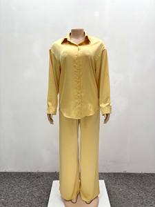 African Women's New Lapel Cardigan Row of Buttons Solid Color Shirt High-waisted Wide-leg <b>Pants</b> Casual 2-piece Set Fashion - Product Image 5