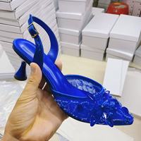 Escarpins à bout pointu et bride arrière, ornements floraux en cristal 3D, logo tulipe évasé, talon coloré, pour mariages, pour femmes européennes et américaines