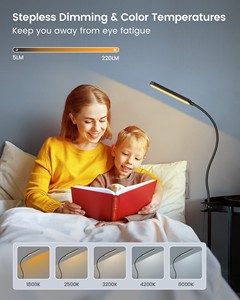 Lampu Meja Jepit Fleksibel CRI Tinggi Tanpa Kedip, Ramah Mata, untuk Belajar, Bekerja, Membaca, 3 Warna, Dapat Diredupkan - Product Image 4