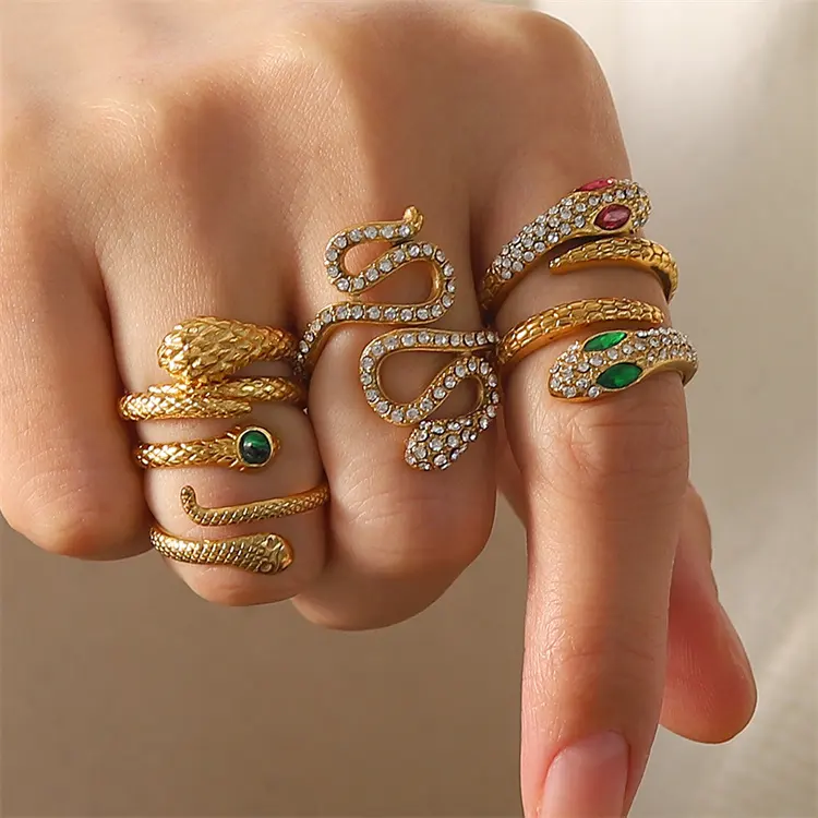 Offener Ring aus Titans tahl im Vintage-Stil mit Zirkon-Schlangen form für den fortschritt lichen Edelstahl-Goldring für Damen