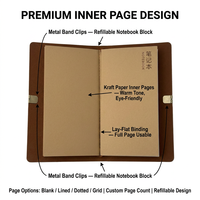 Carnet de voyage personnalisé en cuir PU avec couverture gaufrée, impression à chaud dorée, bloc de texte diagonal, reliure à clip latéral, kraft naturel