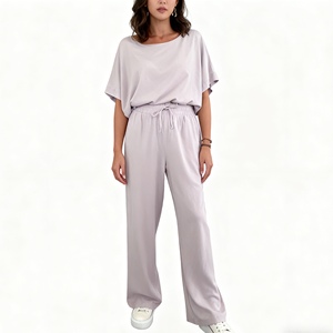 Women's Solid-Color Crew Neck Short-Sleeve Top With <b>Tie</b>-Waist Pants 2-Piece Set Fashion - Product Image 5