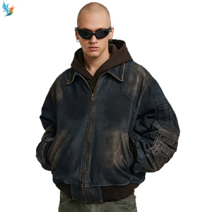 Chaqueta Bomber Vaquera de Hombre con Cremallera, Estilo Vintage, Lavado Desgastado, con Múltiples Botones y Mangas con Correa, Talla Grande - Product Image 1
