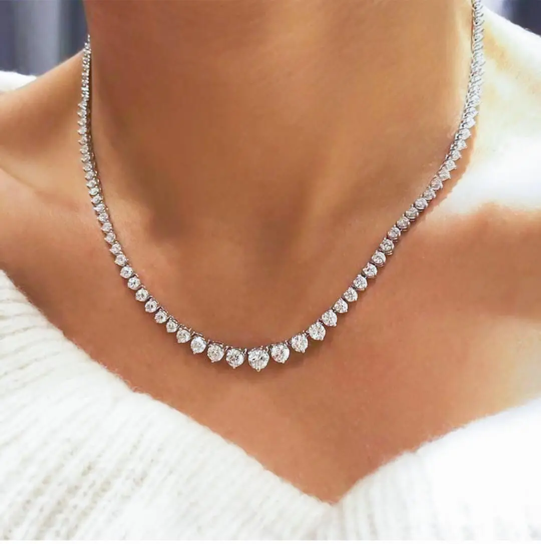 Real 100% diamond eternity tennis chain necklace 14K white gold D-VVS round cut graduated moissanite tennis chain for women