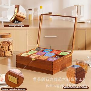 Boîte de rangement rectangulaire en bois pour sachets de thé, compartimentée, avec couvercle en verre, pour emballage de thé, café, capsules et bijoux - Product Image 2