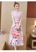 Été femmes 2 pièces ensemble mode rose coton noeud papillon court t-shirt + maille imprimé fleuri grande balançoire longue jupe costumes