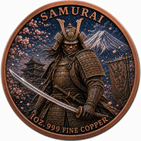 Pièce de collection antique en cuivre fin .999, 3D en relief, 1 oz, représentant un guerrier samouraï en armure colorée, pour décoration et cadeau