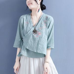 Traditional Chinese Cotton Linen Embroidered Mid Sleeve Top Women Zen Style Tea Dress Green Blue White - Product Image 1