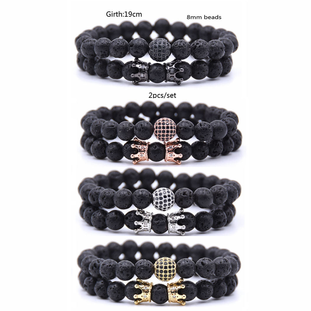 2PCS 8mm Crown King Charm Beads Bracelet for Men & Women