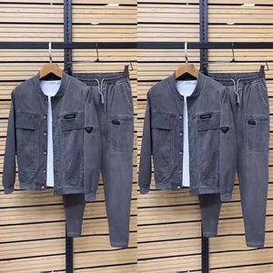 Traje Deportivo Casual para <span class=keywords><strong>Hombre</strong></span> 2025, Nuevo Conjunto de Dos Piezas de Corte Ajustado en Mezclilla Lavada de Color Sólido, Moda Primavera-Otoño - Product Image 3