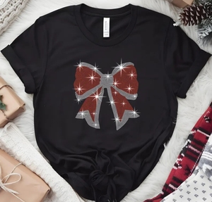 Nuovo arrivo disegno di natale papillon pronto per la spedizione strass su misura t-Shirt fornitori della fabbrica all'ingrosso delle donne t-Shirt - Product Image 3