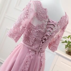 Bridesmaid Dress Pink Lace Tulle Mid Length Sweetheart Neckline Formal Evening Gown For Women - Product Image 4