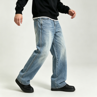 Jean en denim délavé bleu pour homme, coupe ample et large, effet usé, cinq poches, style streetwear, OEM, vente en gros