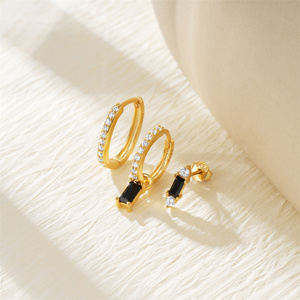 ROXI 3 Piece Set 925 Sterling <b>Silver</b> Black Inlaid Zircon Hip Hop Classic <b>Hoop</b> <b>Earrings</b> Set - Product Image 5
