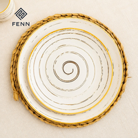 Ensemble d'assiettes à dîner en céramique FENN à motif spirale peint à la main, vaisselle rustique en grès avec bord doré, vente en gros directe d'usine