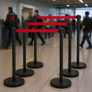 Ensemble de poteaux de délimitation Easy Connect pour la gestion des foules, 6 pièces, 6,6 pieds, ceinture rétractable rouge, base en caoutchouc, contrôle d'accès noir - Product Image 2