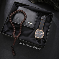 Ensemble de montre décontractée pour homme avec bracelet en cuir à double couche et boîtier carré, perles de prière et portefeuille – Coffret montre 3 pièces