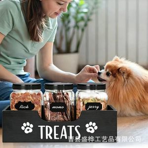 Pet Treats Storage Box With 3 Jars For Dog Snacks Organized Wooden <b>Container</b> With Labels And Lid For Kitchen Or Home Use - Product Image 1