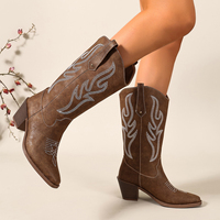 Bottes mi-mollet brodées marron pour femme, style western cowboy, à bout carré et talon carré, à enfiler, pour l'automne et l'hiver
