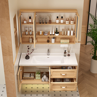 Meuble-lavabo de salle de bain moderne de luxe en bois massif multi-tailles avec miroir LED tactile lumineux et lavabo, couleur et taille personnalisables