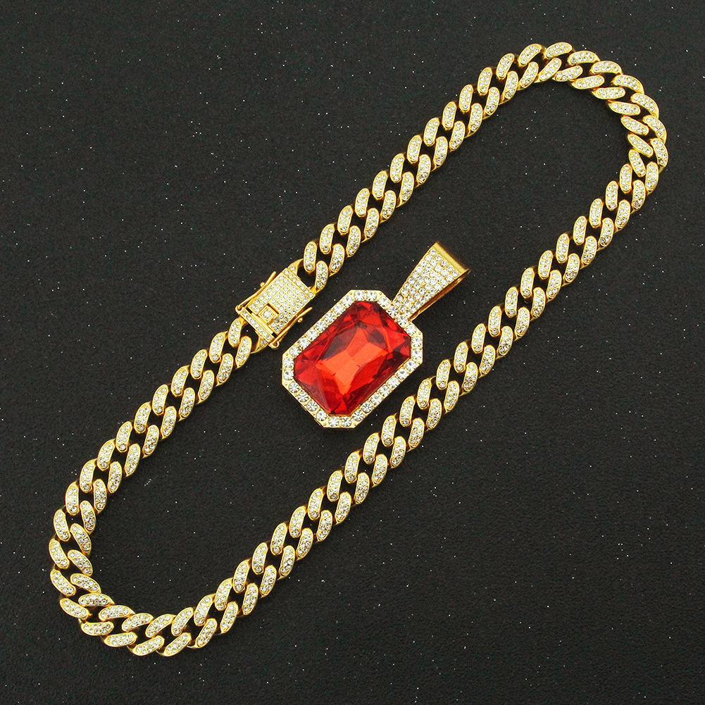 Gold Color Hip Hop Cuban Link Necklace with Square Red Ruby Crystal Pendant  Iced Out Trendy Rapper Style Jewelry for Men
