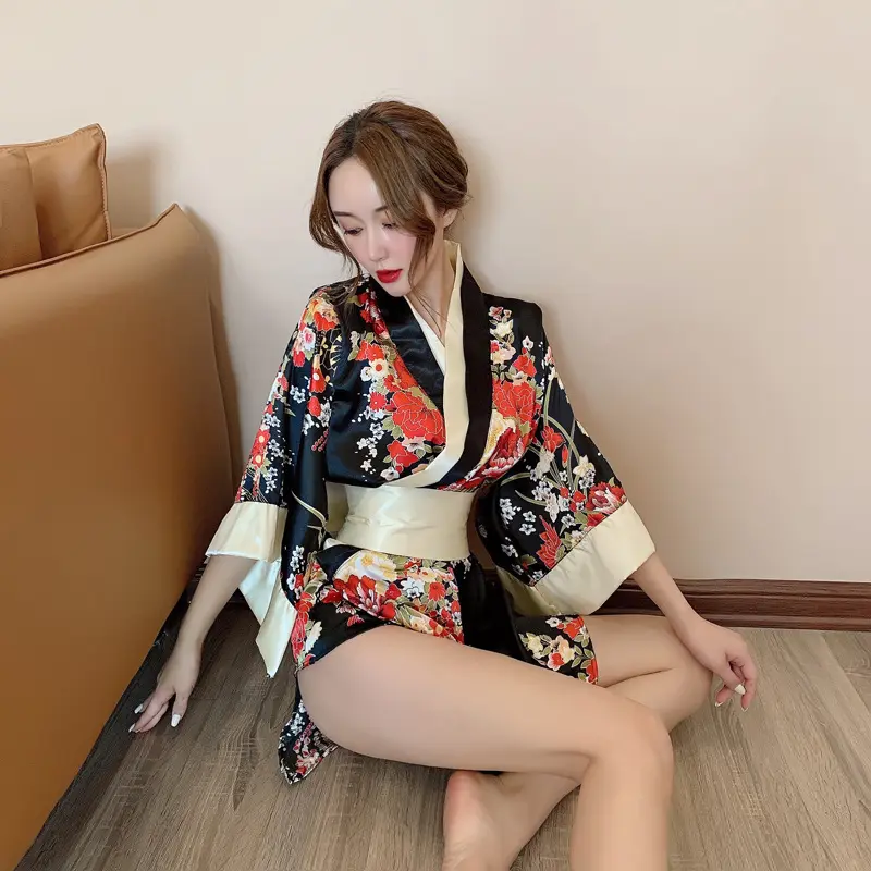 Women's Sexy Kimono Short Dress with Obi BeltJapanese Geisha Costume Bedroom Role Play Lingerie Bathrobe Nightwear