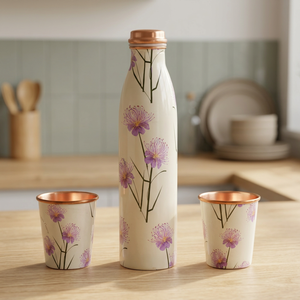 Bouteille d'eau en métal bohème florale lavande-pissenlit avec gobelets assortis et couvercle – Portable pour voyage et usage domestique - Product Image 1