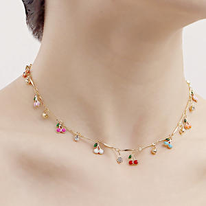 2025 New Hot Sale Gold Plated Dainty Bar Chain With Cute Small Enamel Cherry Crystal Charm Choker Necklace for Women <b>Girls</b> - Product Image 3
