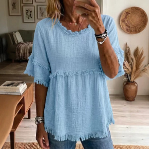 Camicia a maniche corte da <span class=keywords><strong>donna</strong></span> 2026 in stile europeo e americano con collo rotondo retrò e nappe in pelliccia - Product Image 3