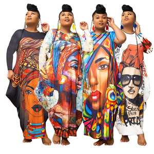 N7581 Robe longue asymétrique à manches longues pour femmes grandes tailles, style européen et américain, avec ourlet large et motifs imprimés - Product Image 2