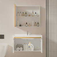 Kabinet Penyimpanan Kamar Mandi Aluminium Hemat Ruang Modern, Set Vanity Dinding Pintar dengan Wastafel Keramik untuk Kamar Tidur Kecil