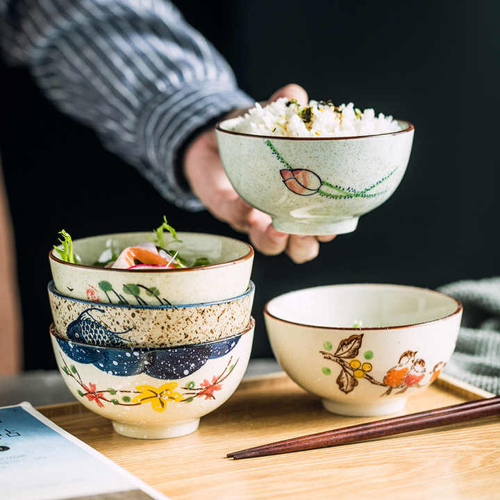 4.5 Inch Ceramic Household Rice Bowl Japanese Retro Restaurant Home Tableware Eating Soup Bowl Matcha Dessert Bowls